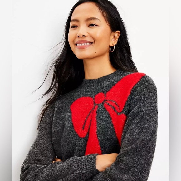 LOFT Women's Small Bow Mock Neck Sweater Red Grey Knit Cozy Holiday Feminine - Picture 1 of 15